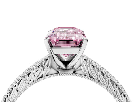 White gold Fancy Pink Emerald Cut Solitaire Milgrain Engraved Band with Four-Prong Setting_16