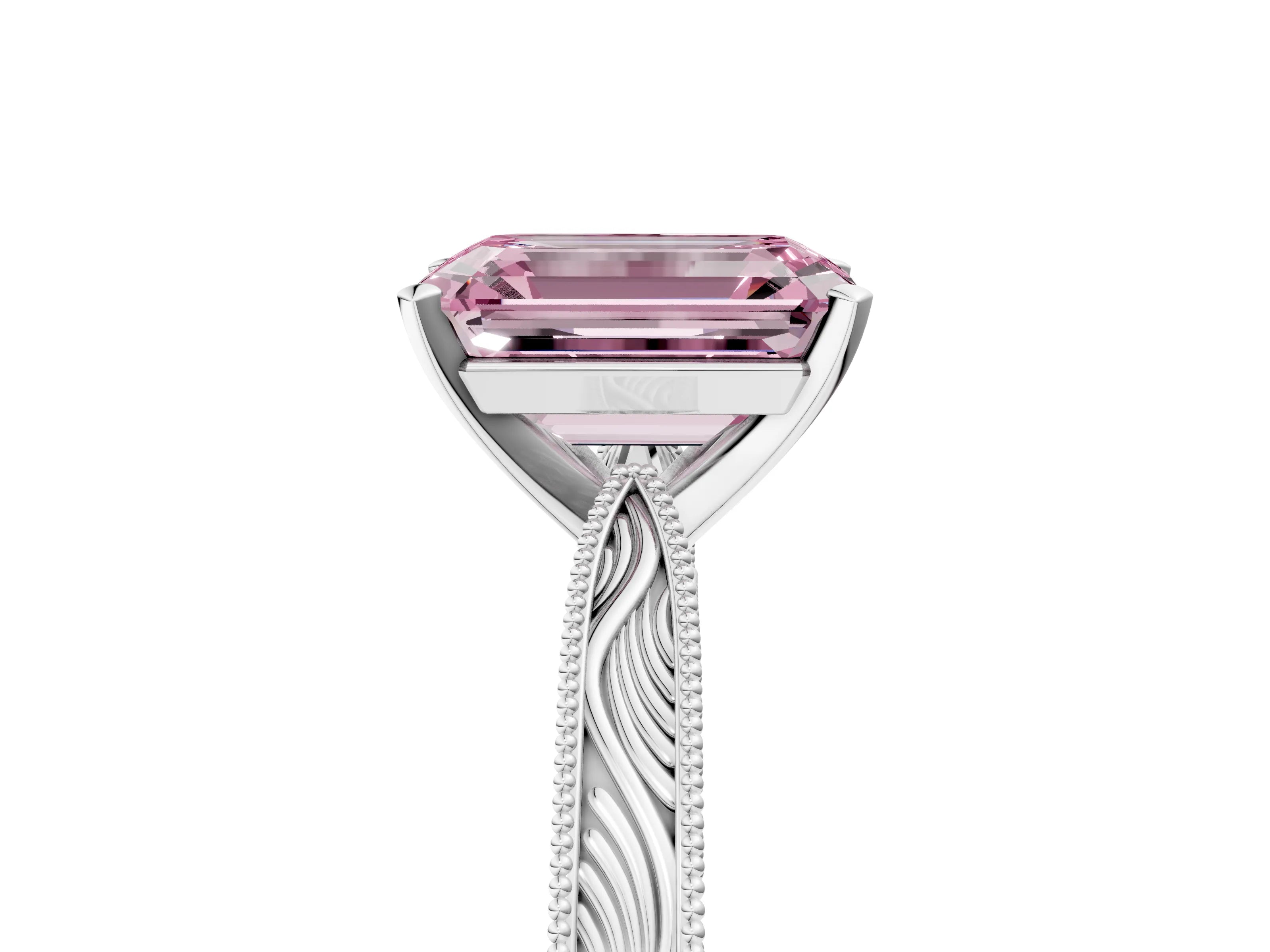 White gold Fancy Pink Emerald Cut Solitaire Milgrain Engraved Band with Four-Prong Setting_17