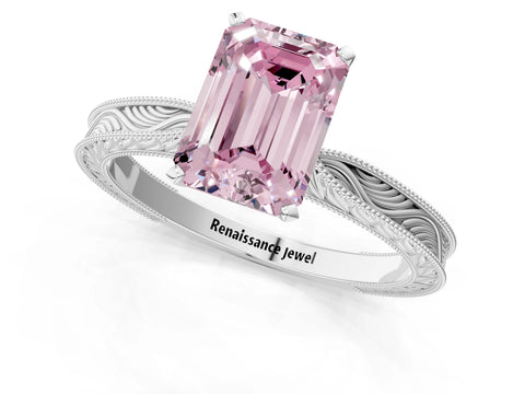 White gold Fancy Pink Emerald Cut Solitaire Milgrain Engraved Band with Four-Prong Setting_1