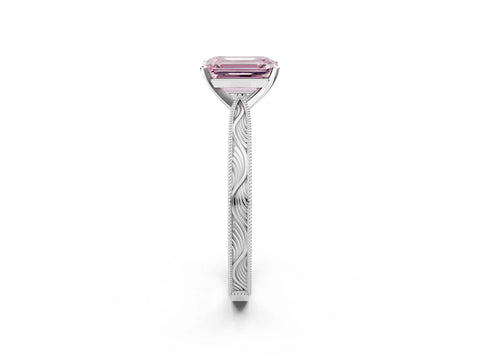 White gold Fancy Pink Emerald Cut Solitaire Milgrain Engraved Band with Four-Prong Setting_2