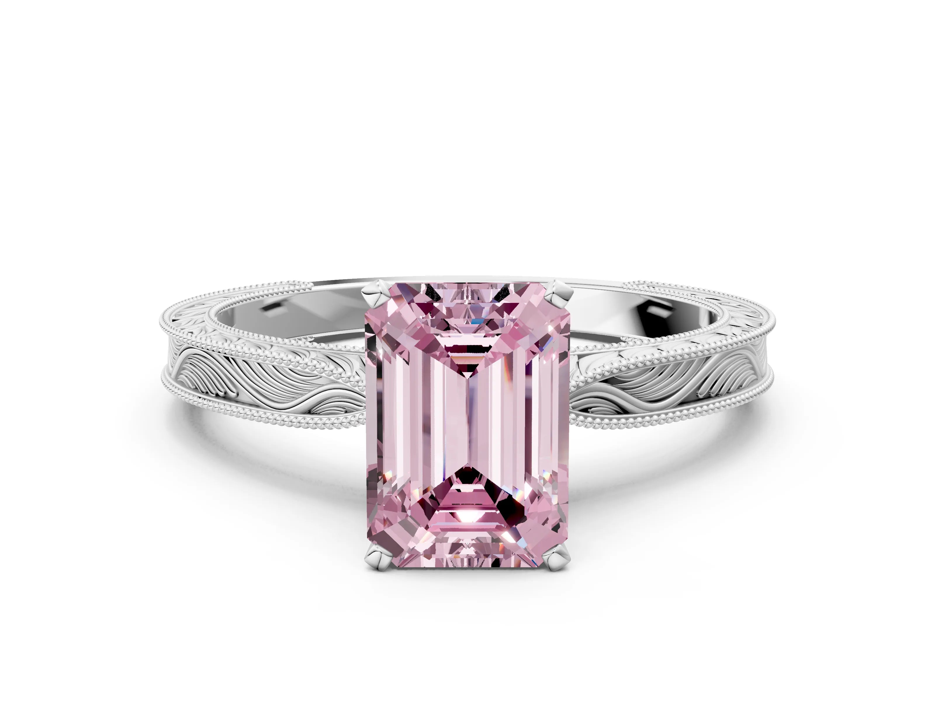 White gold Fancy Pink Emerald Cut Solitaire Milgrain Engraved Band with Four-Prong Setting