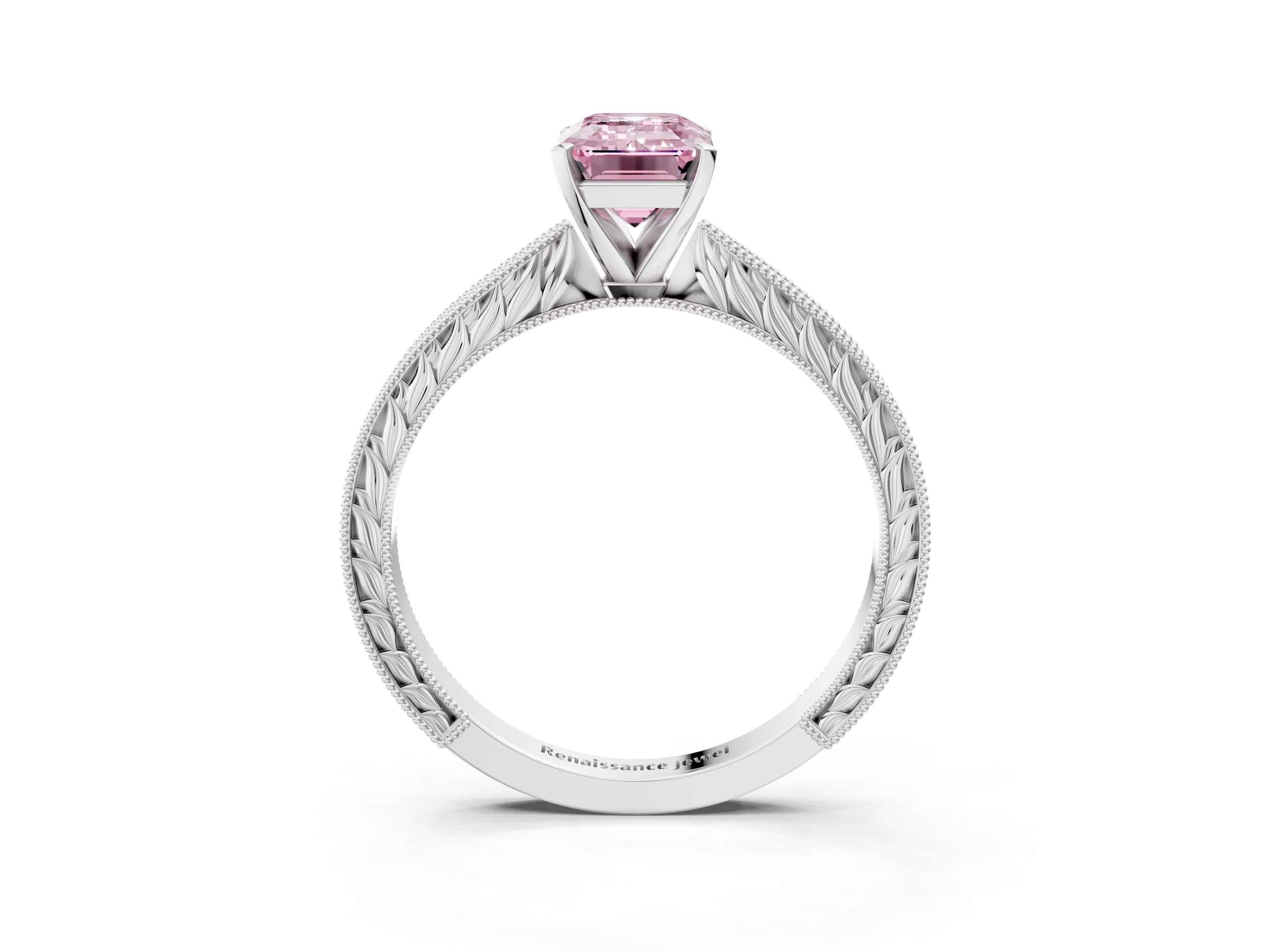 White gold Fancy Pink Emerald Cut Solitaire Milgrain Engraved Band with Four-Prong Setting_3