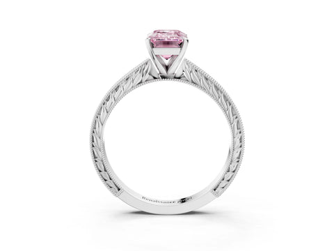 White gold Fancy Pink Emerald Cut Solitaire Milgrain Engraved Band with Four-Prong Setting_3