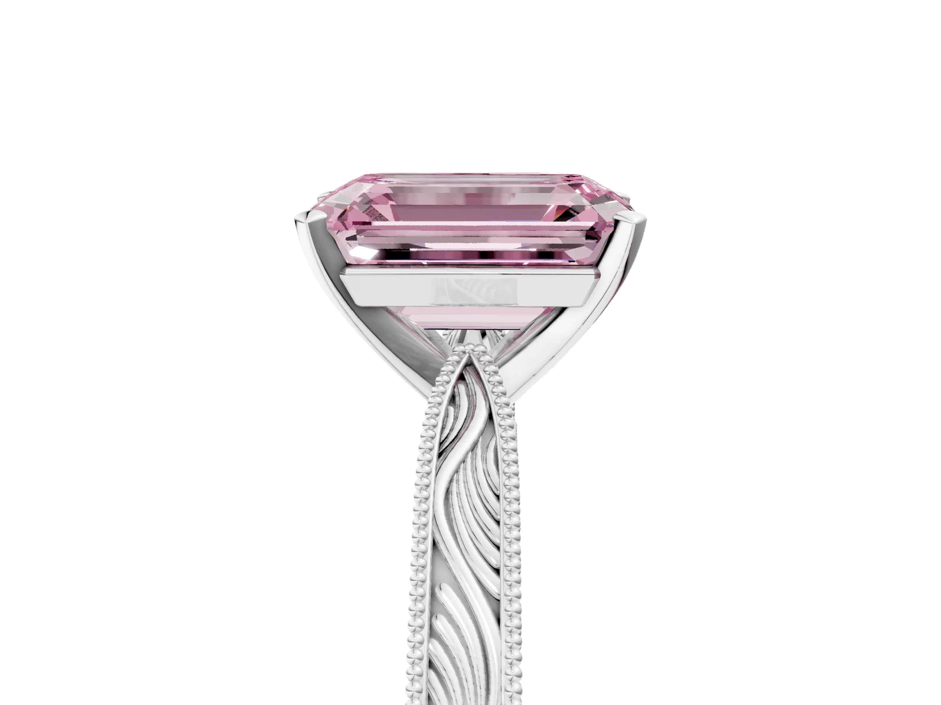 White gold Fancy Pink Emerald Cut Solitaire Milgrain Engraved Band with Four-Prong Setting_5
