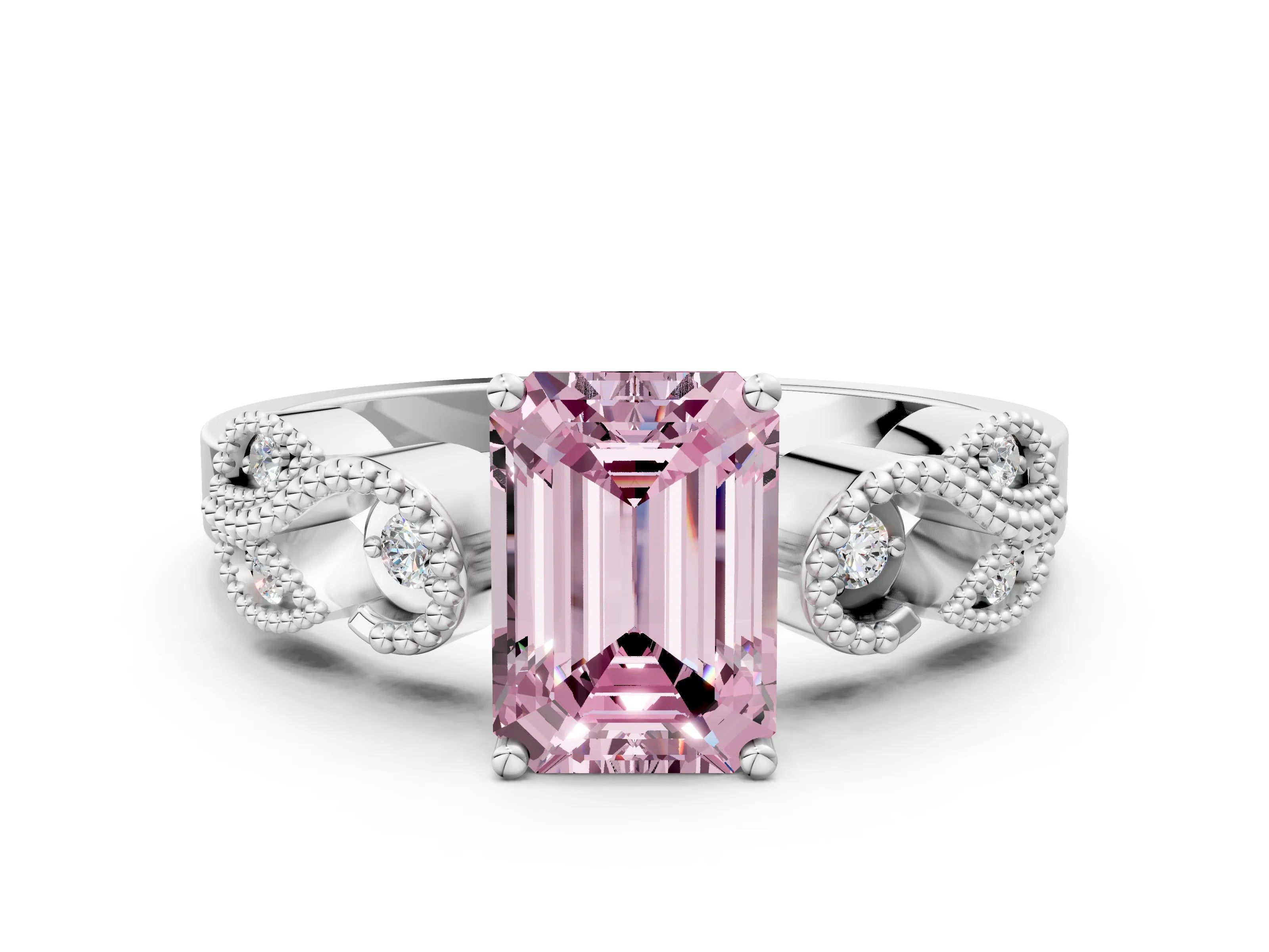 White gold Fancy Pink Emerald Cut Solitaire Milgrain Leaf Band with Prong Setting
