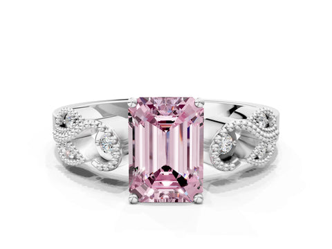 White gold Fancy Pink Emerald Cut Solitaire Milgrain Leaf Band with Prong Setting_12
