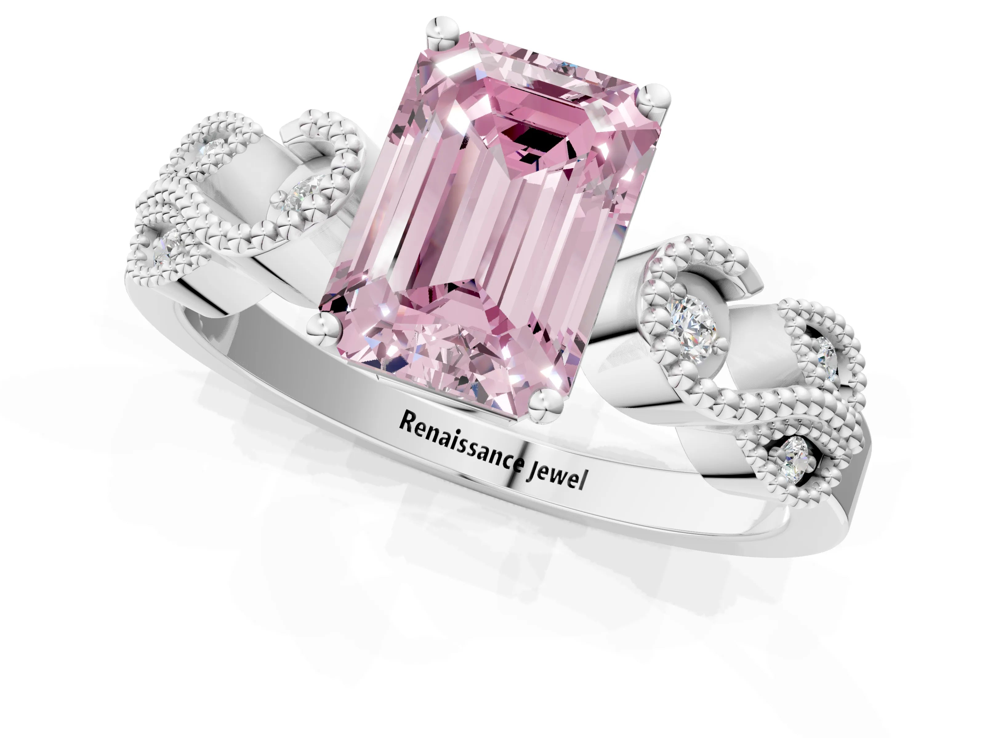White gold Fancy Pink Emerald Cut Solitaire Milgrain Leaf Band with Prong Setting_13