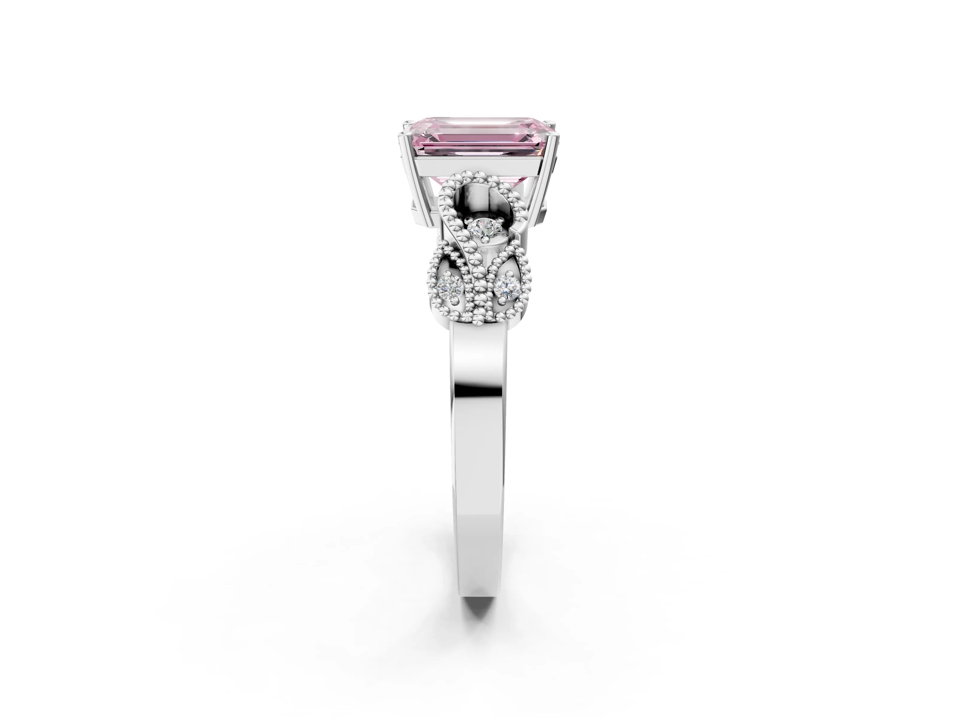 White gold Fancy Pink Emerald Cut Solitaire Milgrain Leaf Band with Prong Setting_14