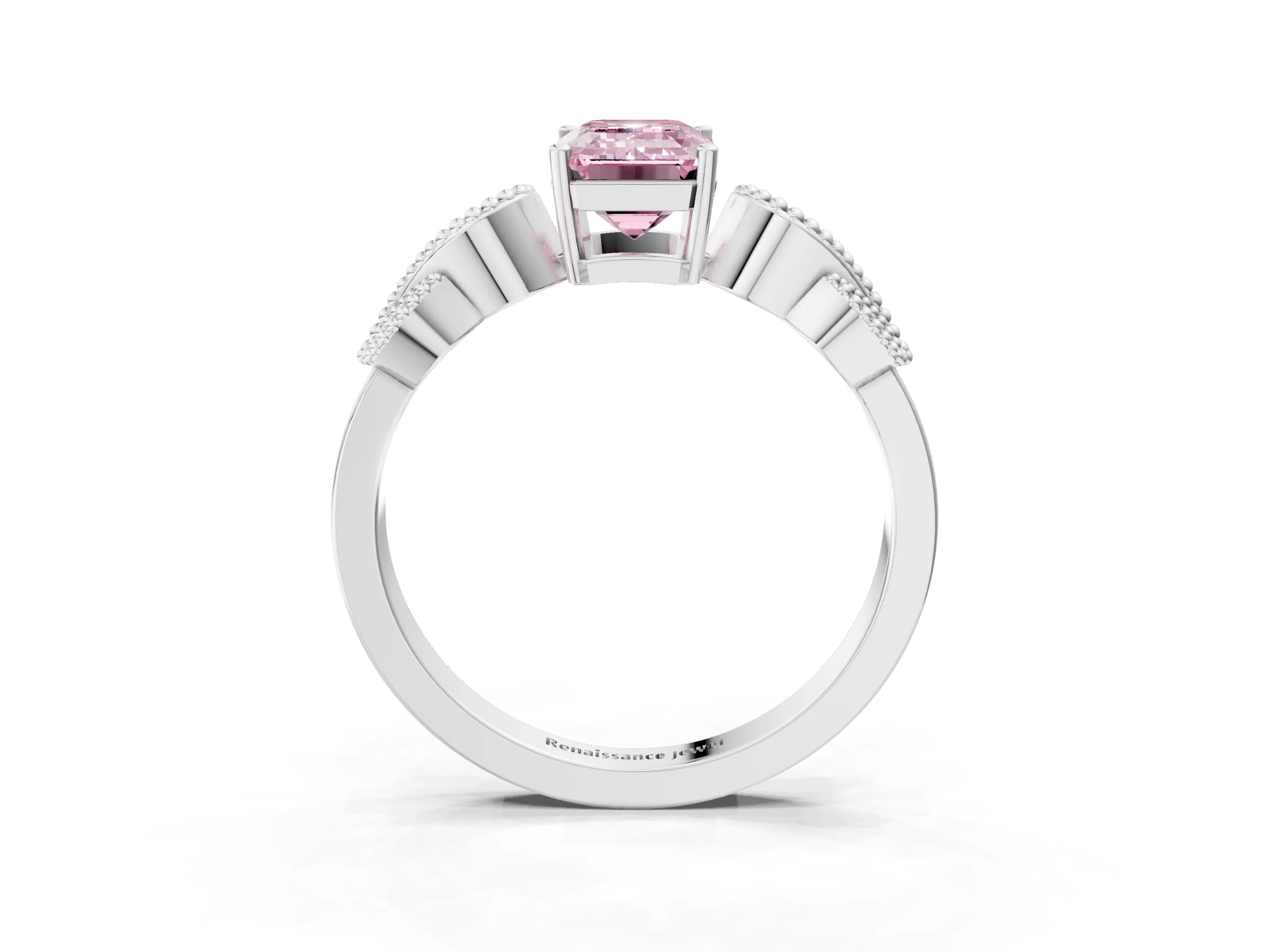 White gold Fancy Pink Emerald Cut Solitaire Milgrain Leaf Band with Prong Setting_15