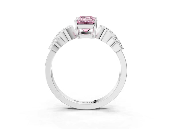 White gold Fancy Pink Emerald Cut Solitaire Milgrain Leaf Band with Prong Setting