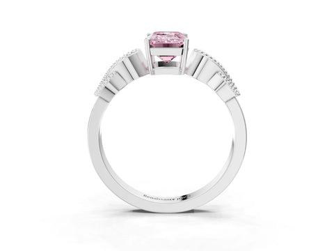 White gold Fancy Pink Emerald Cut Solitaire Milgrain Leaf Band with Prong Setting_15