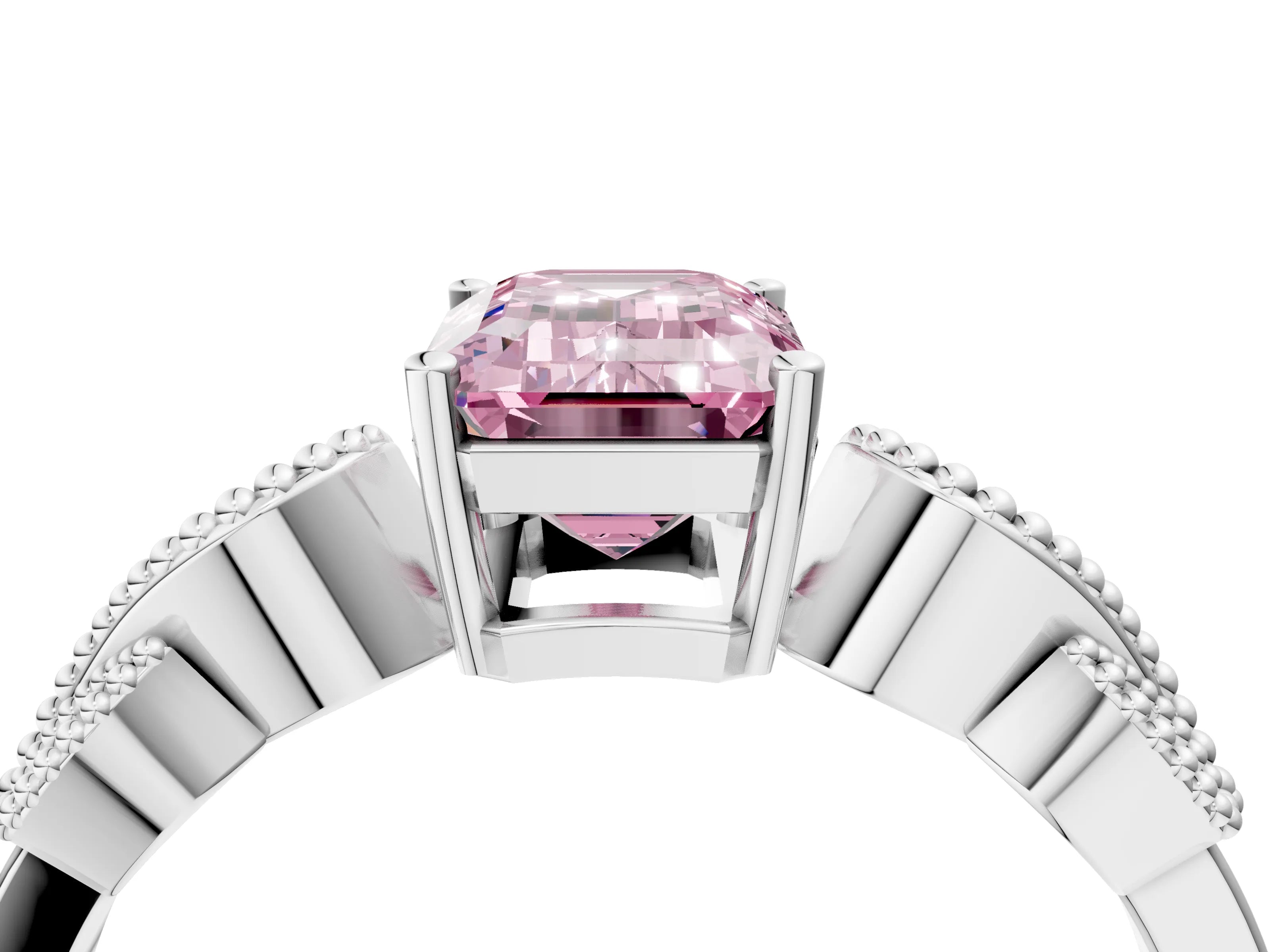 White gold Fancy Pink Emerald Cut Solitaire Milgrain Leaf Band with Prong Setting_16