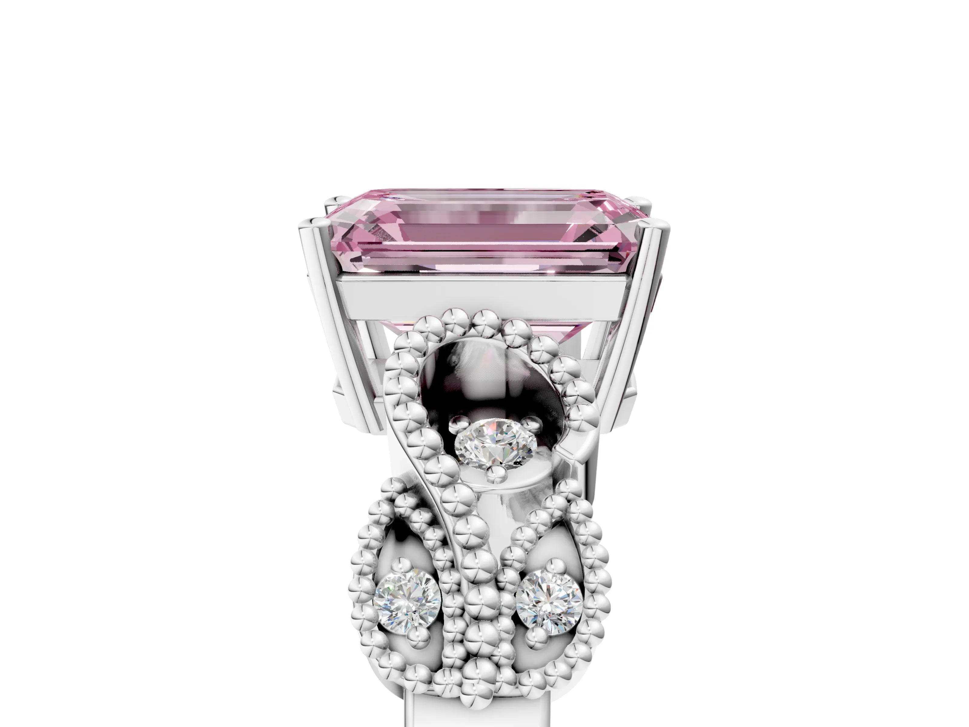 White gold Fancy Pink Emerald Cut Solitaire Milgrain Leaf Band with Prong Setting_17