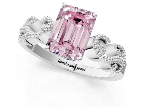 White gold Fancy Pink Emerald Cut Solitaire Milgrain Leaf Band with Prong Setting_1