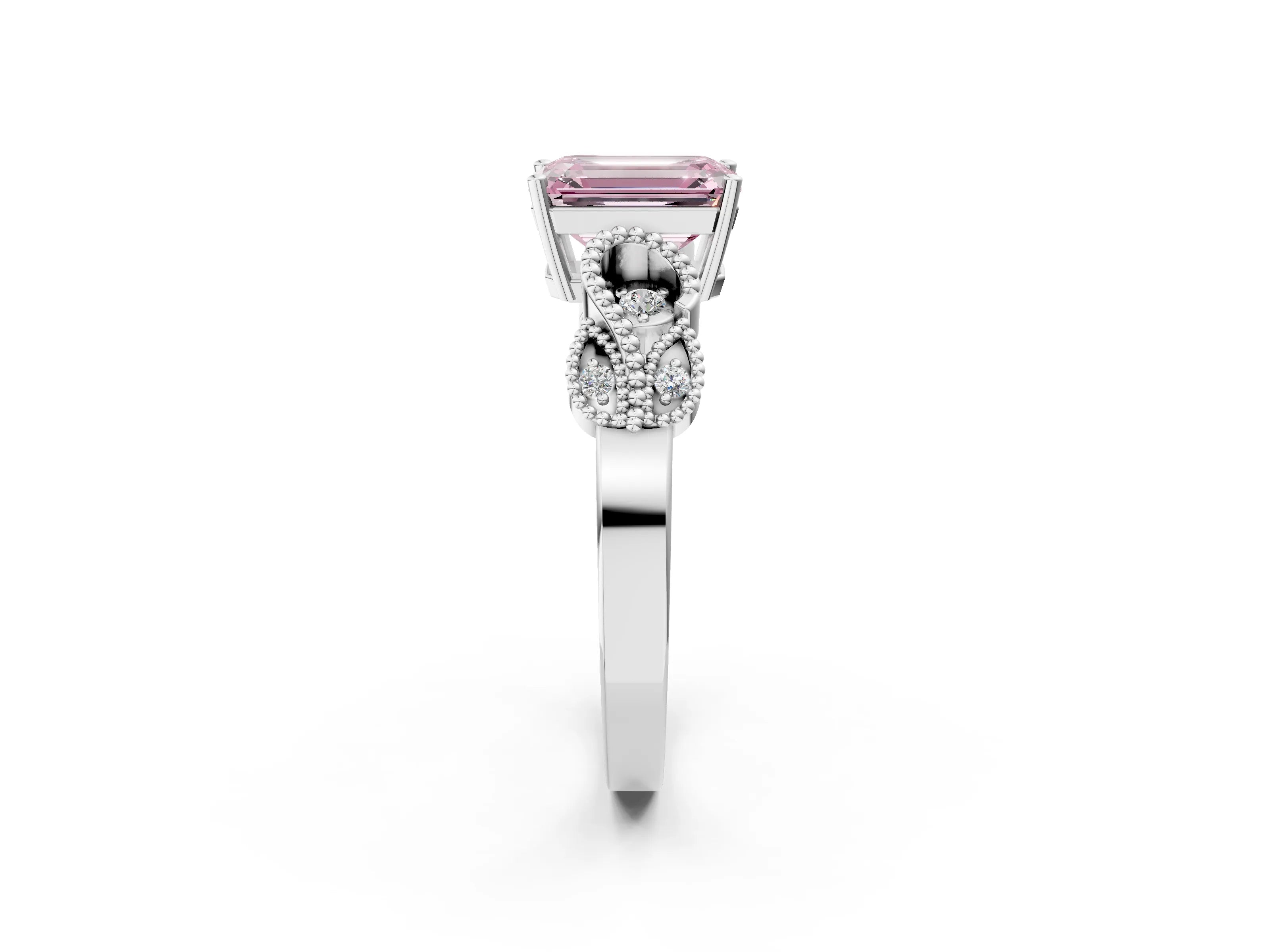 White gold Fancy Pink Emerald Cut Solitaire Milgrain Leaf Band with Prong Setting_2