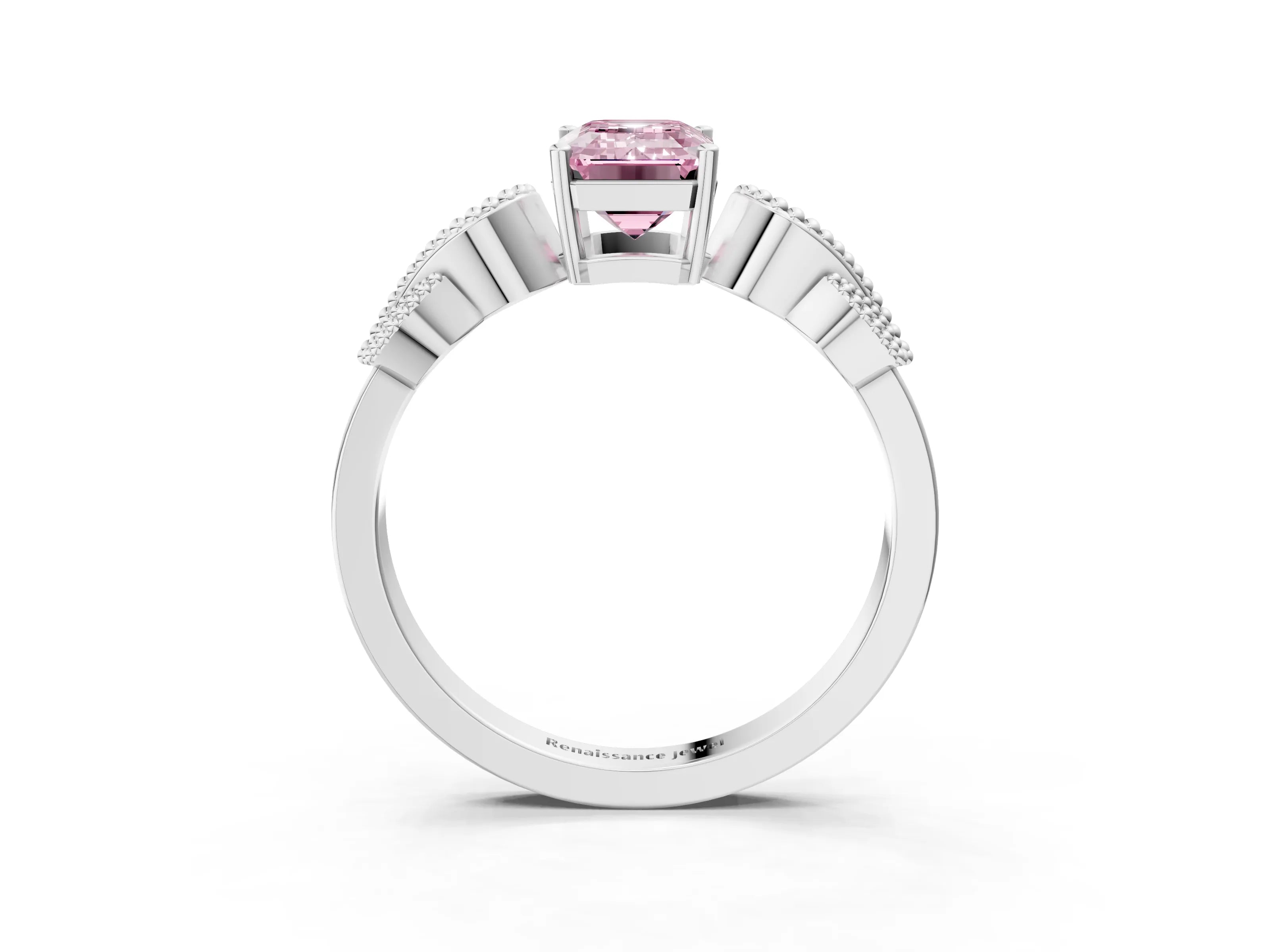 White gold Fancy Pink Emerald Cut Solitaire Milgrain Leaf Band with Prong Setting_3