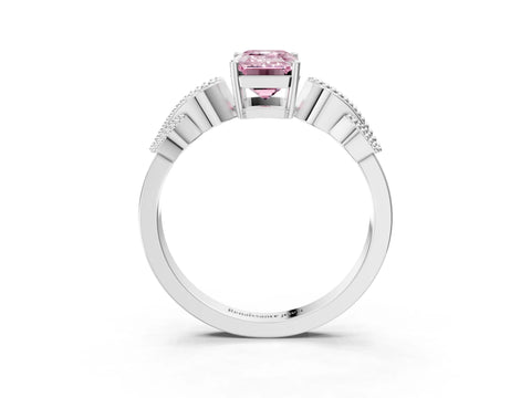 White gold Fancy Pink Emerald Cut Solitaire Milgrain Leaf Band with Prong Setting_3