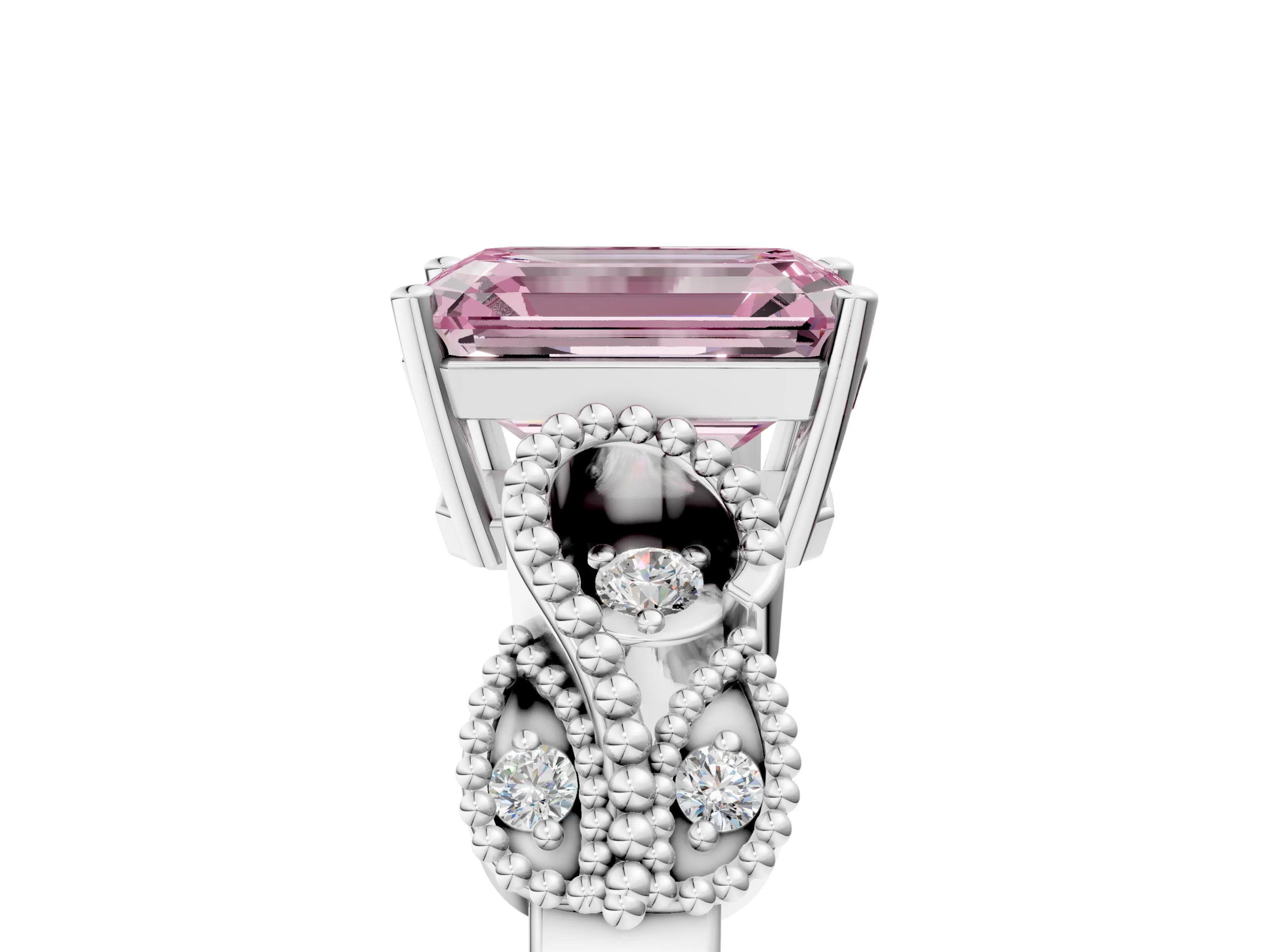 White gold Fancy Pink Emerald Cut Solitaire Milgrain Leaf Band with Prong Setting_5