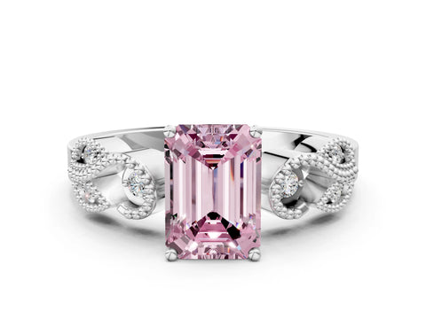 White gold Fancy Pink Emerald Cut Solitaire Milgrain Leaf Band with Prong Setting