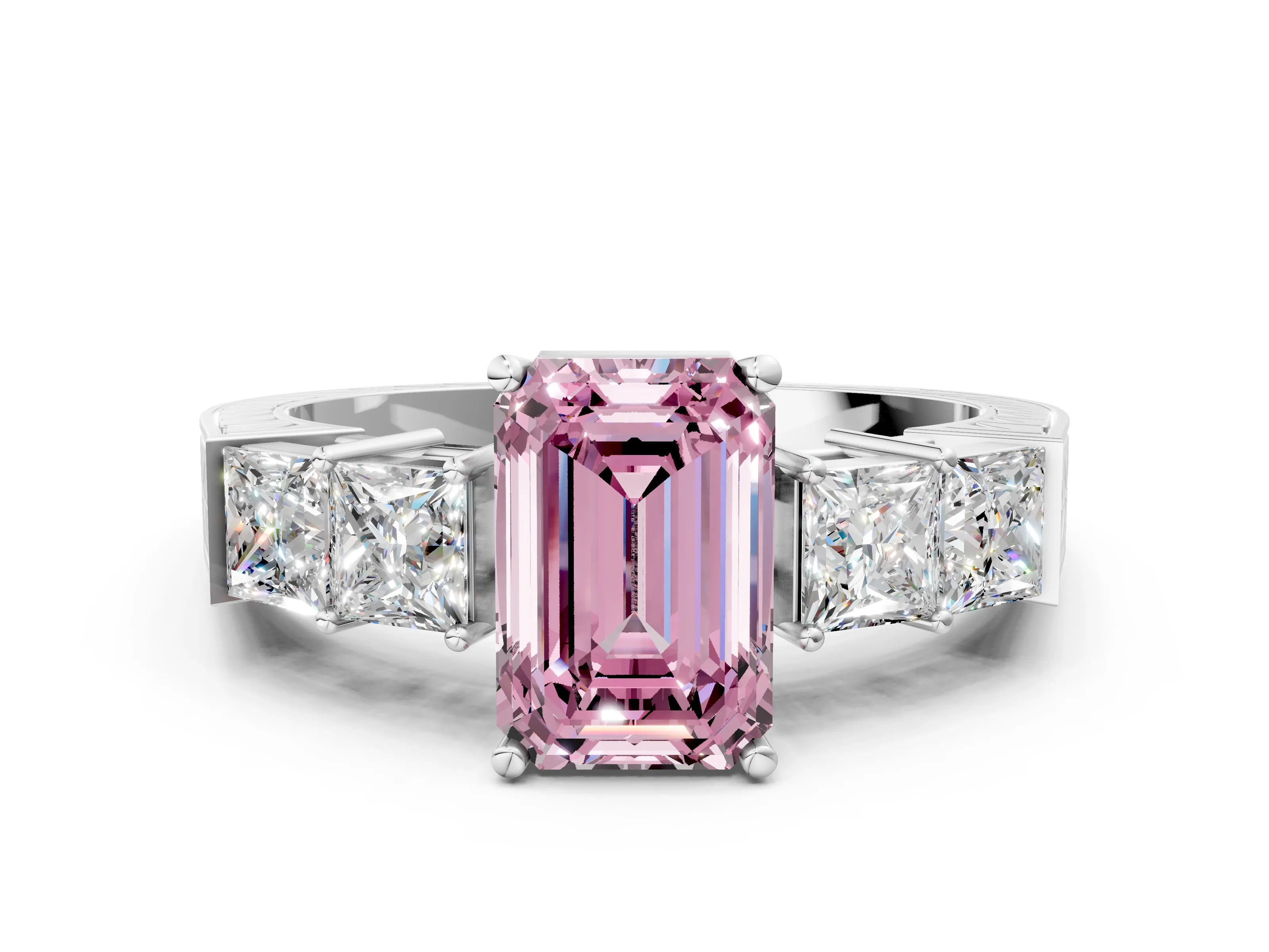 White gold Fancy Pink Emerald Cut Solitaire Princess Side Stone Engraved Band Prong Setting Ring_12