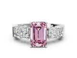 White gold Fancy Pink Emerald Cut Solitaire Princess Side Stone Engraved Band Prong Setting Ring_12