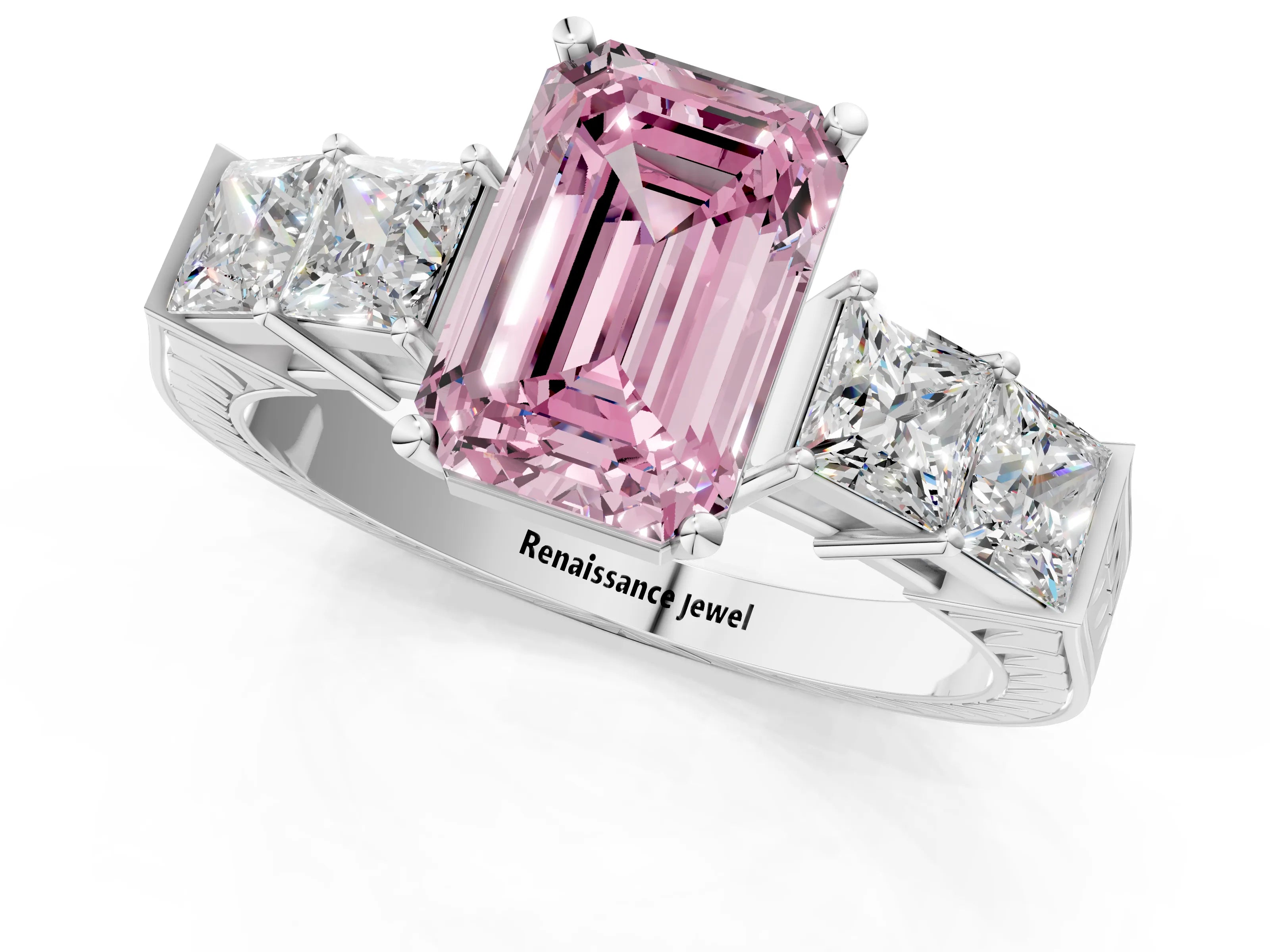 White gold Fancy Pink Emerald Cut Solitaire Princess Side Stone Engraved Band Prong Setting Ring_13