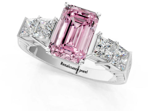 White gold Fancy Pink Emerald Cut Solitaire Princess Side Stone Engraved Band Prong Setting Ring_13