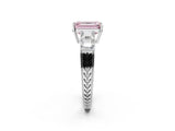 White gold Fancy Pink Emerald Cut Solitaire Princess Side Stone Engraved Band Prong Setting Ring_14