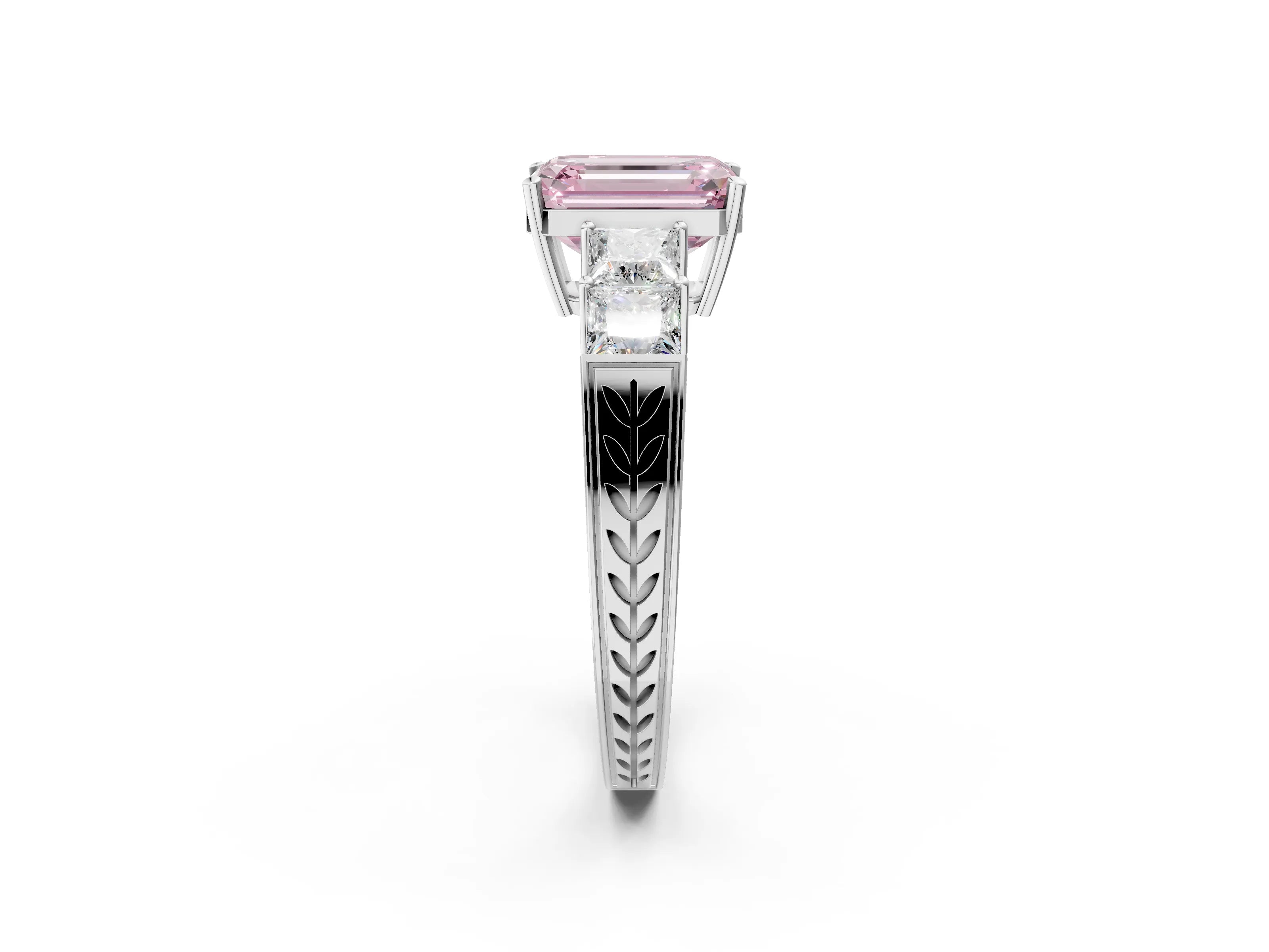White gold Fancy Pink Emerald Cut Solitaire Princess Side Stone Engraved Band Prong Setting Ring_14