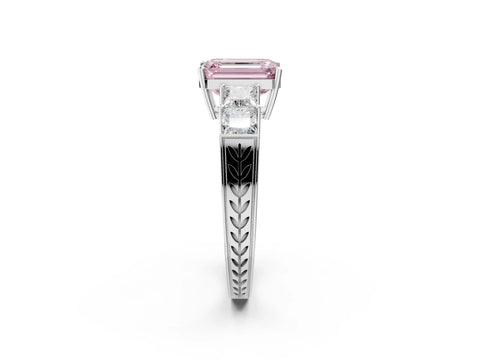 White gold Fancy Pink Emerald Cut Solitaire Princess Side Stone Engraved Band Prong Setting Ring_14