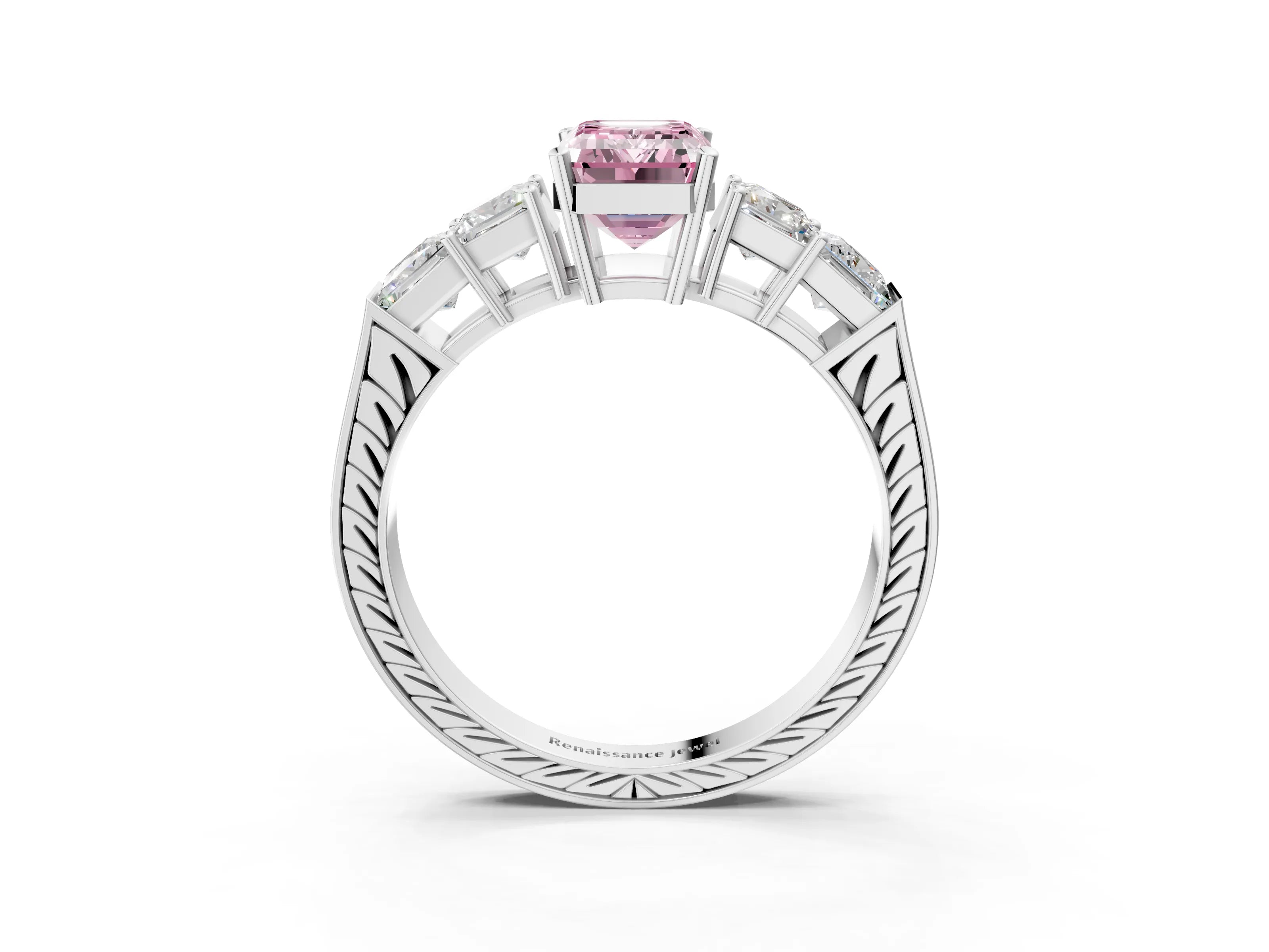 White gold Fancy Pink Emerald Cut Solitaire Princess Side Stone Engraved Band Prong Setting Ring_15