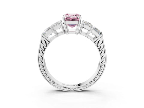 White gold Fancy Pink Emerald Cut Solitaire Princess Side Stone Engraved Band Prong Setting Ring_15