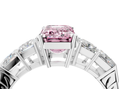 White gold Fancy Pink Emerald Cut Solitaire Princess Side Stone Engraved Band Prong Setting Ring_16