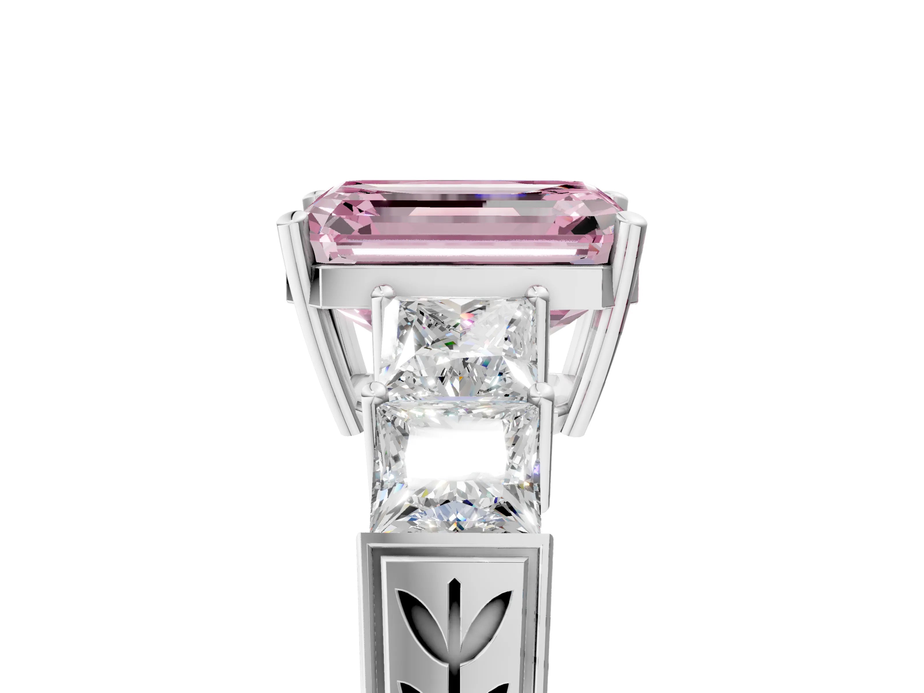 White gold Fancy Pink Emerald Cut Solitaire Princess Side Stone Engraved Band Prong Setting Ring_17