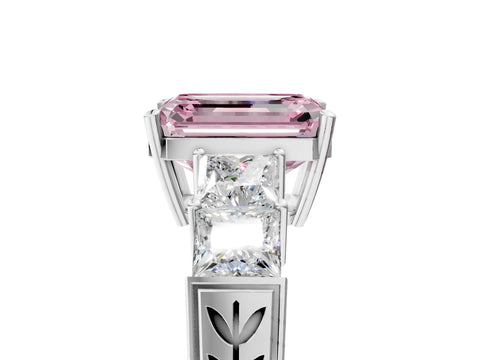 White gold Fancy Pink Emerald Cut Solitaire Princess Side Stone Engraved Band Prong Setting Ring_17