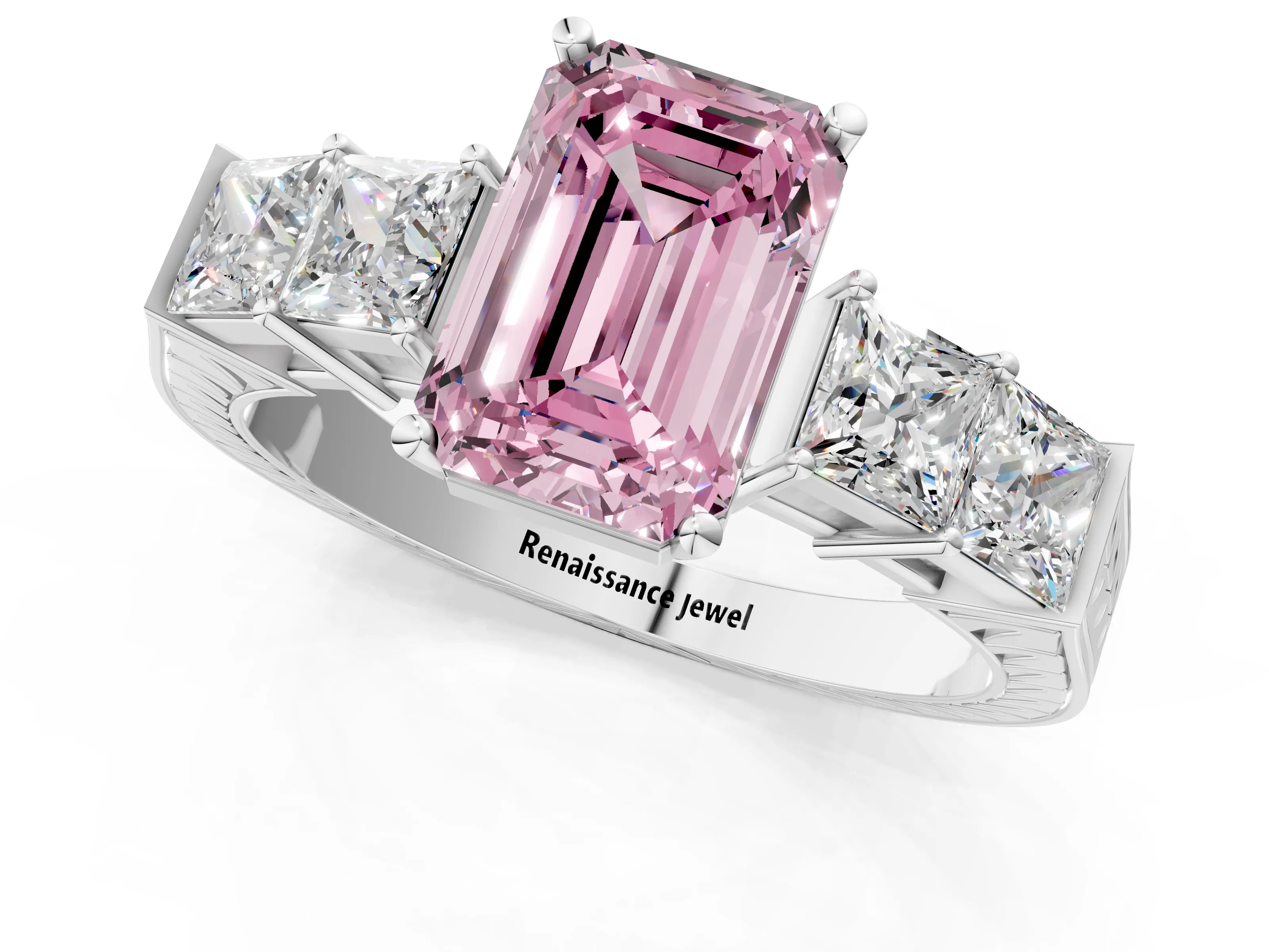White gold Fancy Pink Emerald Cut Solitaire Princess Side Stone Engraved Band Prong Setting Ring_1