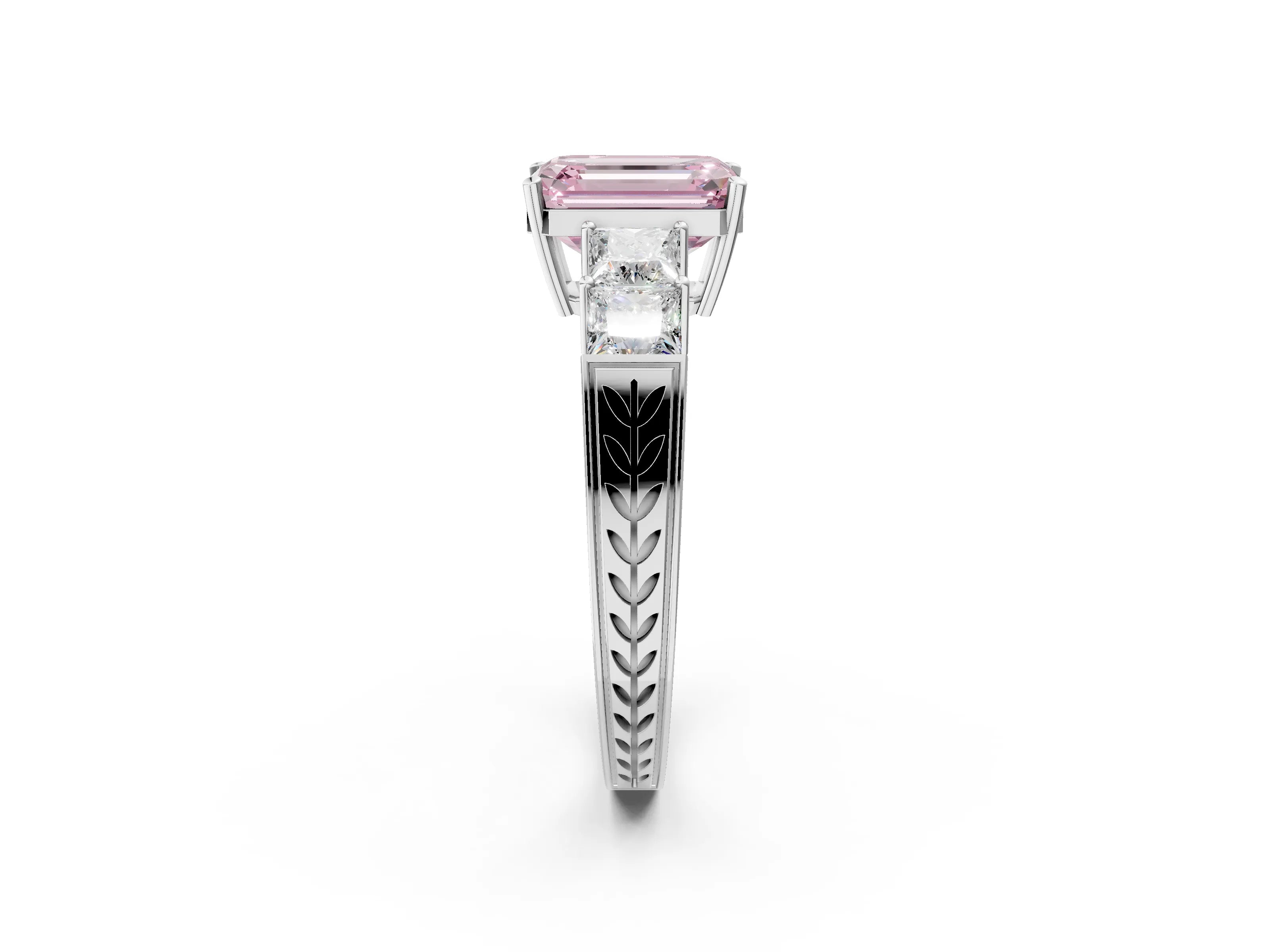 White gold Fancy Pink Emerald Cut Solitaire Princess Side Stone Engraved Band Prong Setting Ring_2