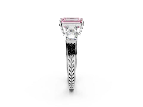 White gold Fancy Pink Emerald Cut Solitaire Princess Side Stone Engraved Band Prong Setting Ring_2
