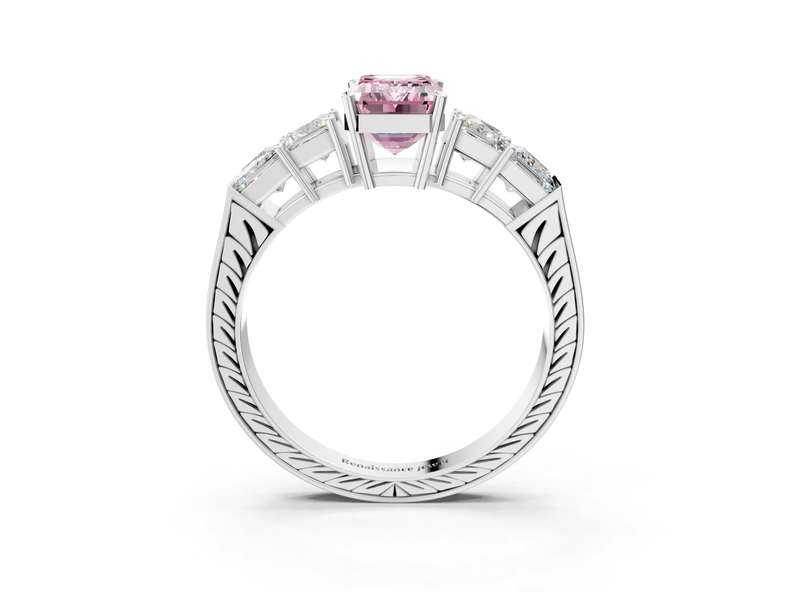 White gold Fancy Pink Emerald Cut Solitaire Princess Side Stone Engraved Band Prong Setting Ring_3