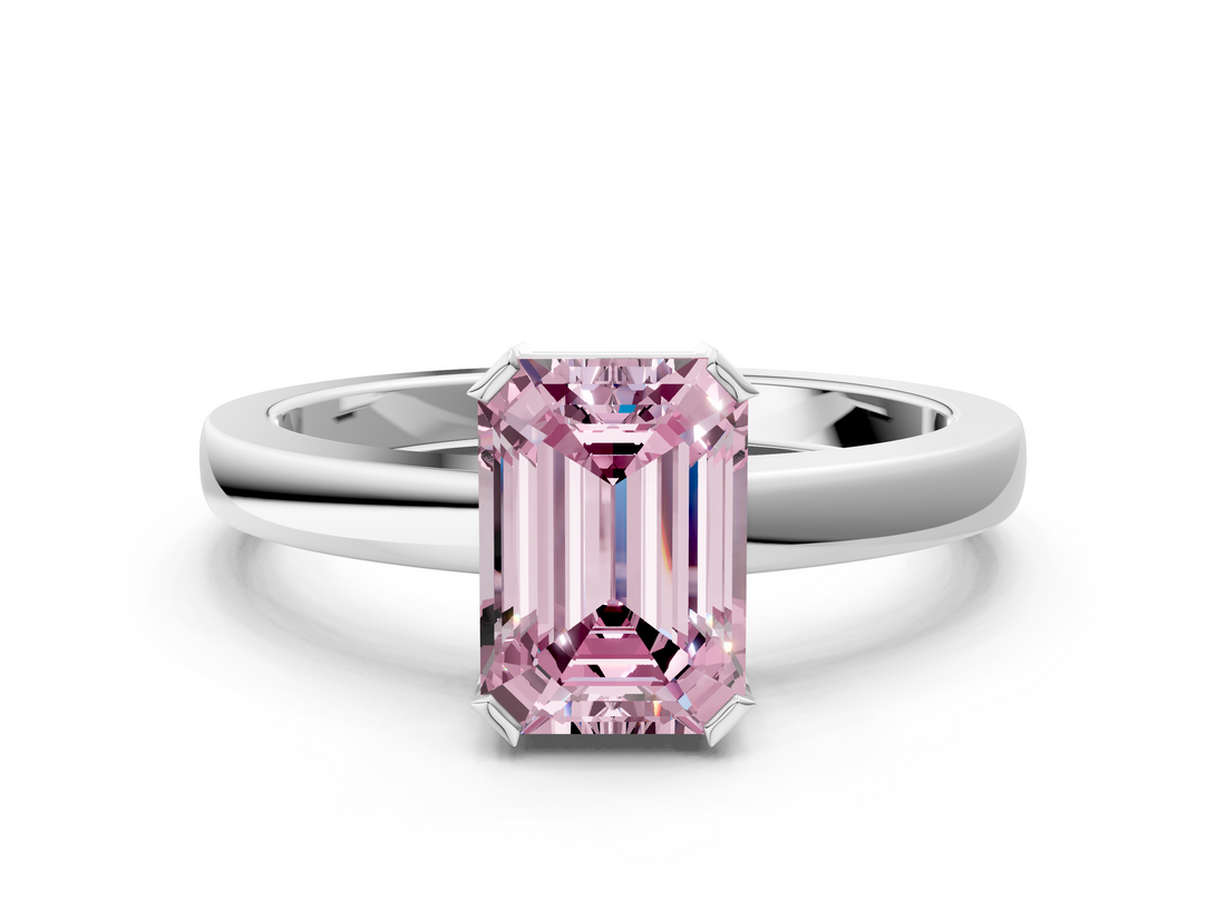 White gold Fancy Pink Emerald  Cut Solitaire Ring with Four-Prong Setting and Classic Band_59