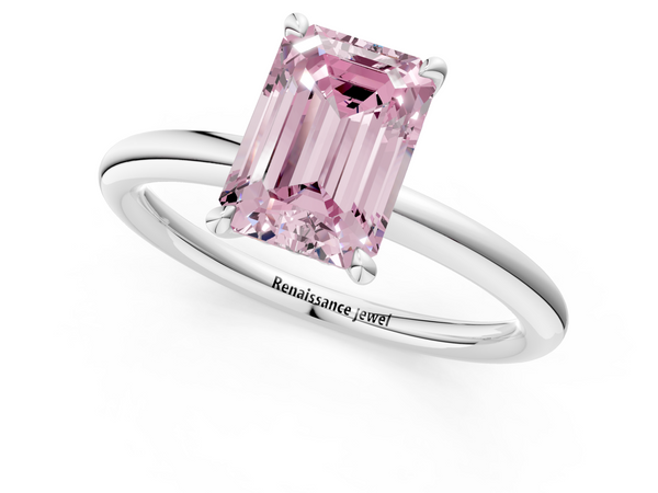 White gold Fancy Pink Emerald Cut Diamond Solitaire Ring with Thin Band and Four-Prong Setting