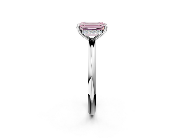 White gold Fancy Pink Emerald Cut Diamond Solitaire Ring with Thin Band and Four-Prong Setting