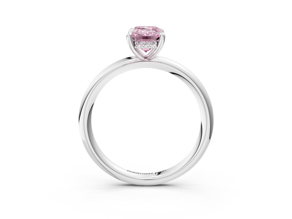 White gold Fancy Pink Emerald Cut Diamond Solitaire Ring with Thin Band and Four-Prong Setting