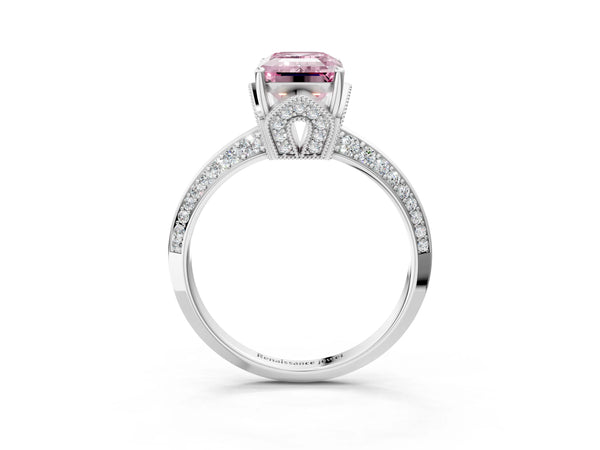 White Gold Emerald Cut Graduated Pave Engagement Ring Setting for Fancy Pink Center