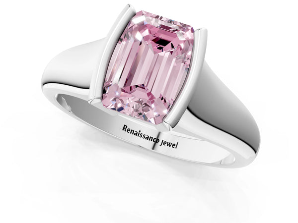 Platinum Fancy Pink Emerald Cut Solitaire Tension Set Diamond Ring with Split Shank Band
