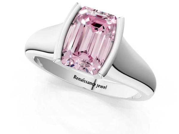 Platinum Fancy Pink Emerald Cut Solitaire Tension Set Diamond Ring with Split Shank Band
