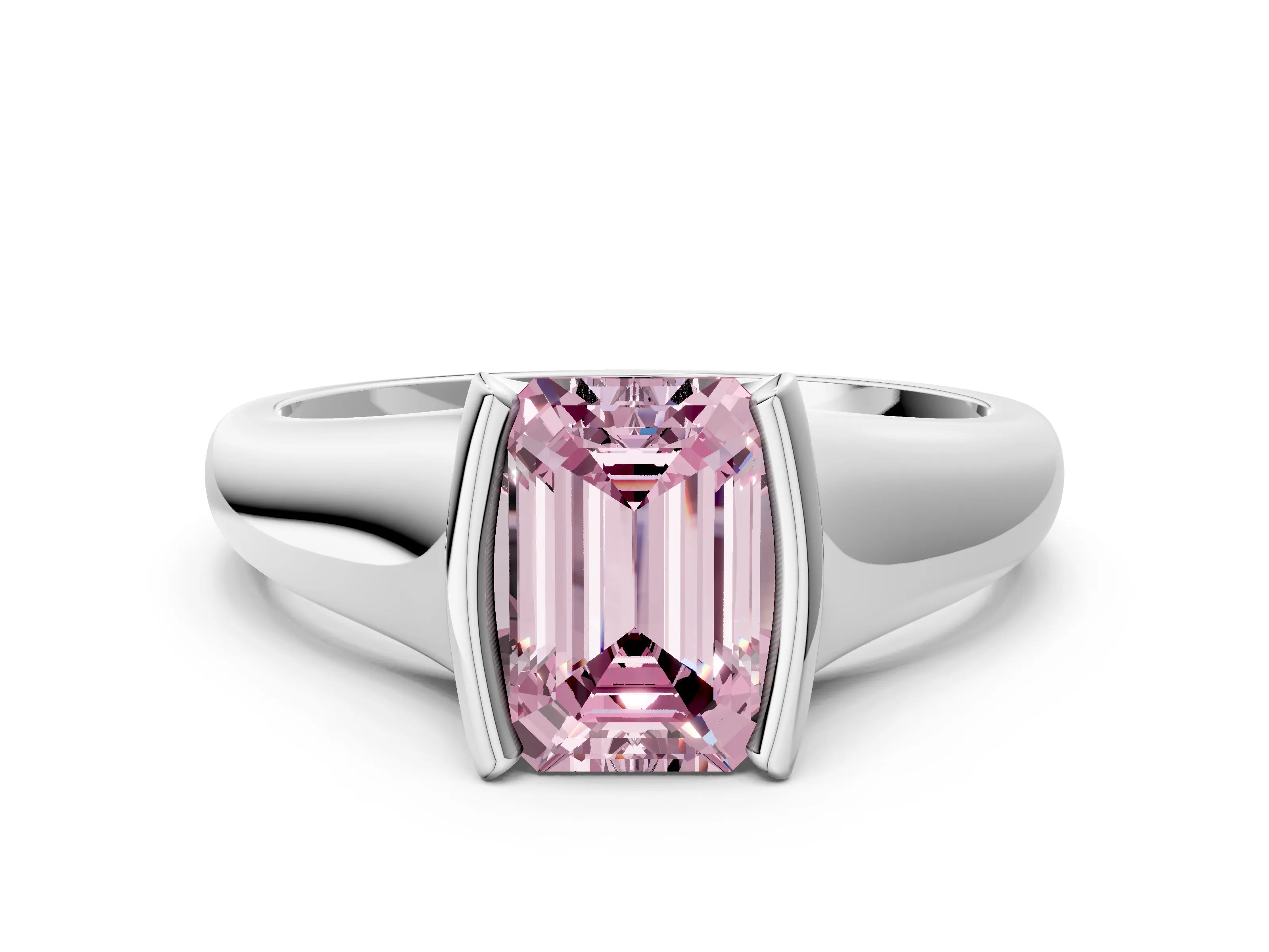 White gold Fancy Pink Emerald Cut Solitaire Tension Set Diamond Ring with Split Shank Band