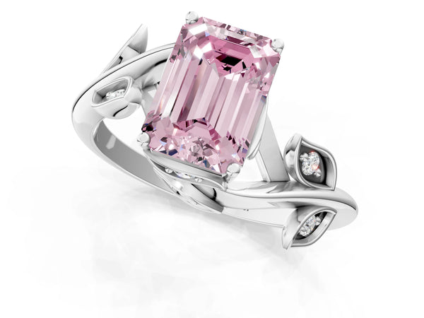 Platinum Fancy Pink Emerald Cut Solitaire Twist Engagement Ring with Leaf Accents and Prong Setting
