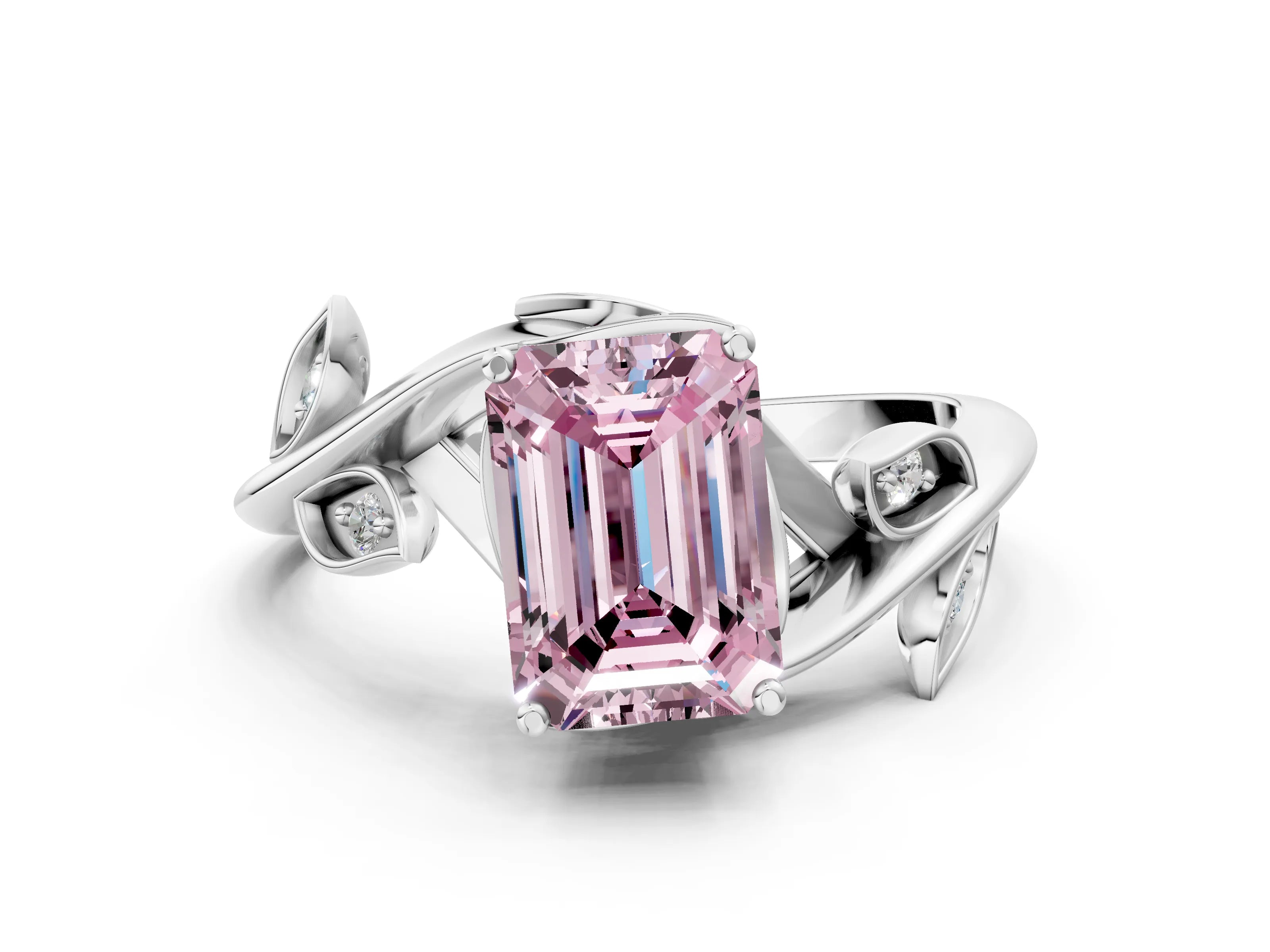 White gold Fancy Pink Emerald Cut Solitaire Twist Engagement Ring with Leaf Accents and Prong Setting_13