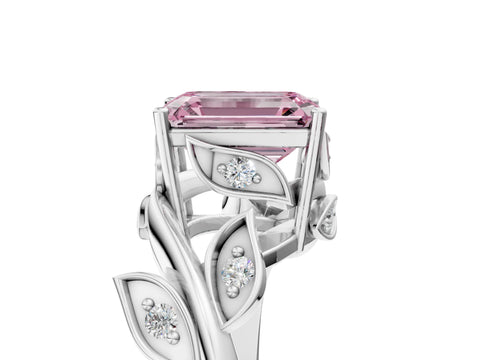 White gold Fancy Pink Emerald Cut Solitaire Twist Engagement Ring with Leaf Accents and Prong Setting_18